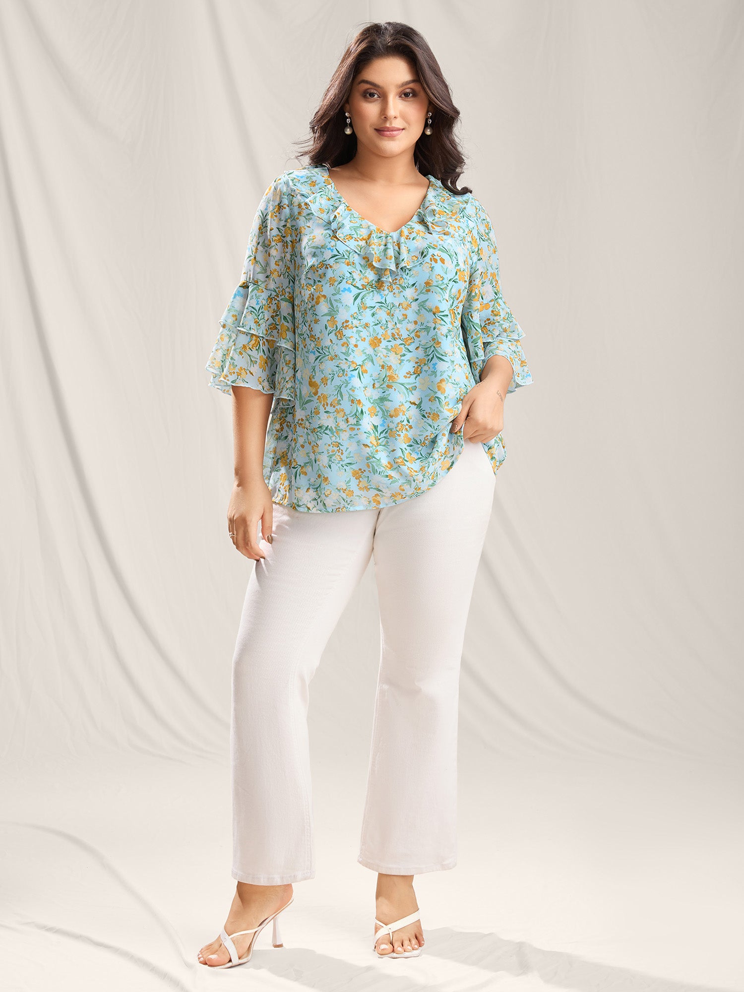 Floral Print Ruffled Layered Sleeve Blouse