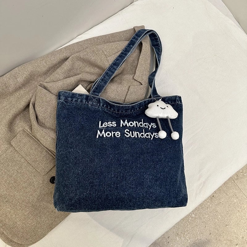Women's Denim Letter Vintage Style Sewing Thread Square Magnetic Buckle Tote Bag