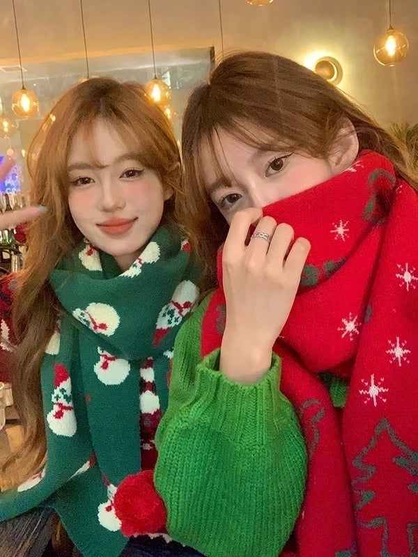 Women's Glam Christmas Classic Style Christmas Tree Snowman Knit Scarf