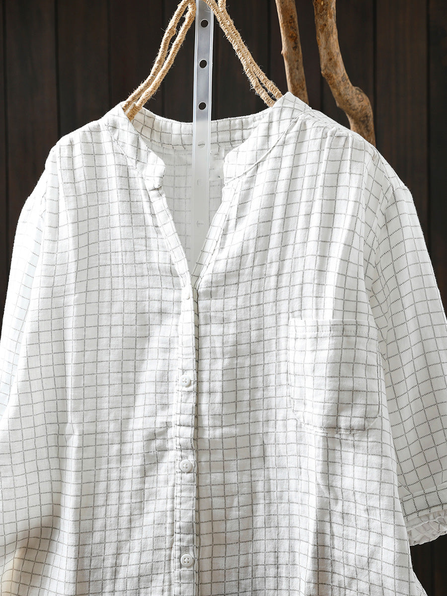 Women Summer Artsy Stripe Plaid 100%Cotton Shirt