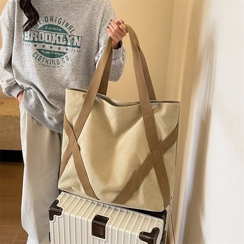Women's Canvas Color Block Preppy Style Classic Style Sewing Thread Square Zipper Shoulder Bag
