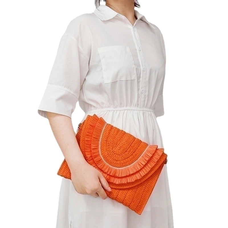 Orange Green Beige Straw Geometric Square Evening Bags