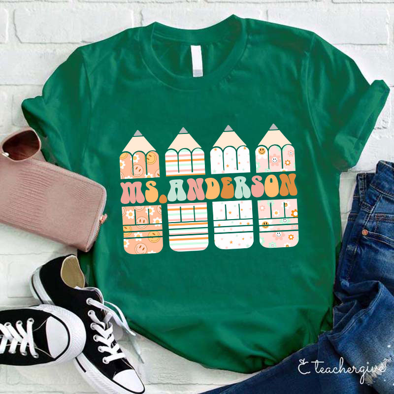 Personalized Colour Pencil Teacher Name Teacher T-Shirt