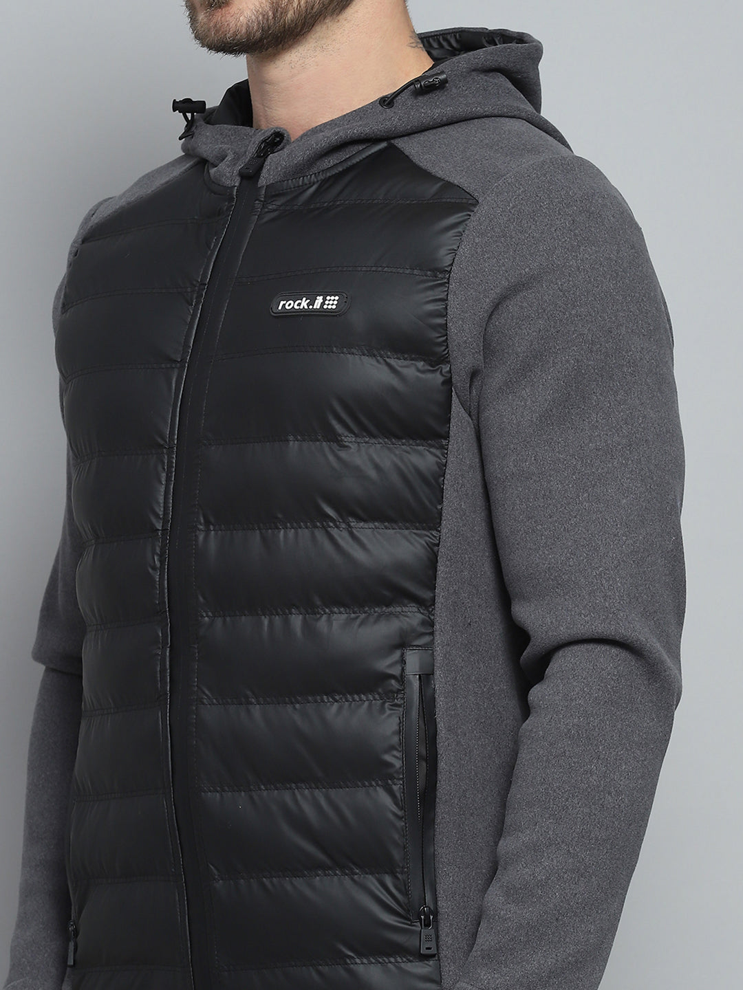 Men Charcoal Solid Hooded Full Sleeve Jacket