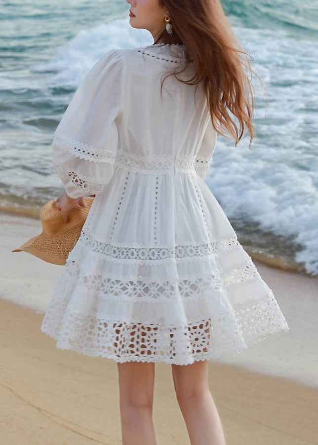 Art White V Neck Hollow Out Cotton Mid Dress Bracelet Sleeve