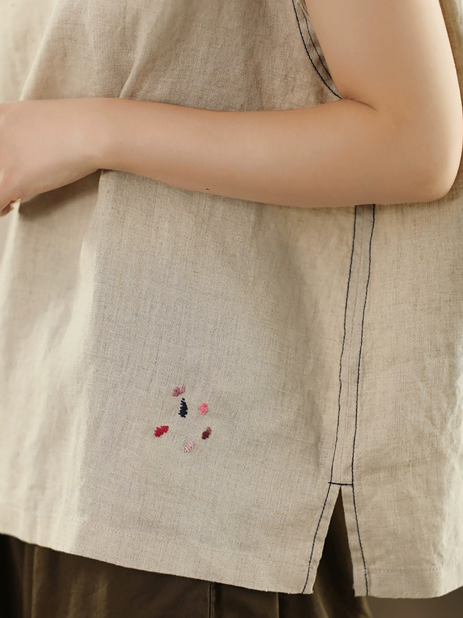 Women Summer Pure Color O-Neck 100%Hemp Shirt