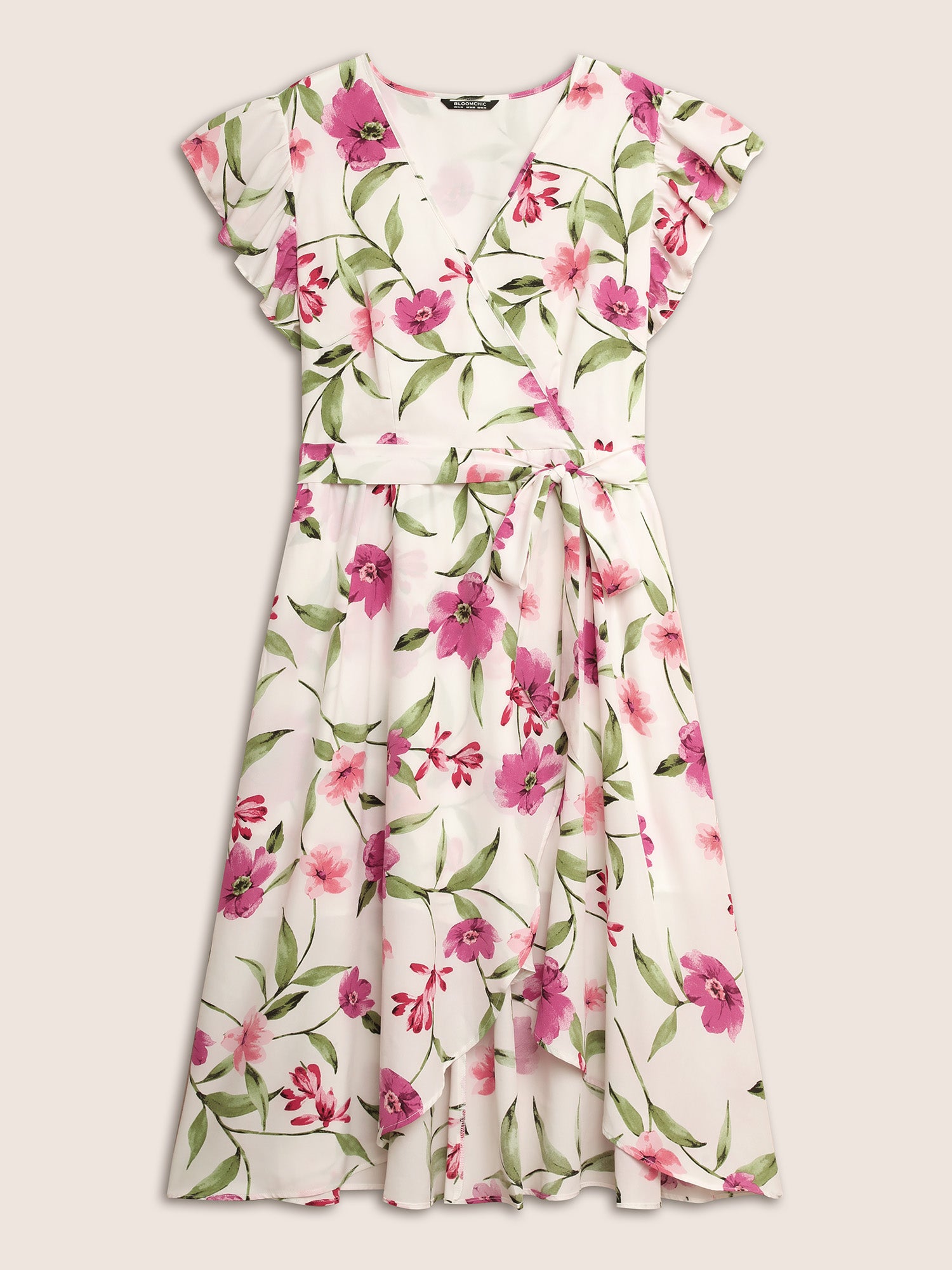 Surplice Neck Floral Ruffle Cap Sleeve Dress