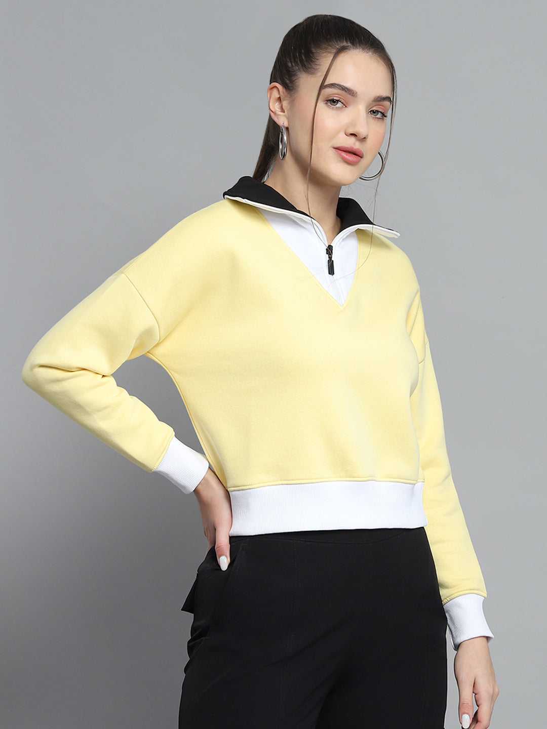 Women Yellow Solid Collar Full Sleeve Sweatshirt