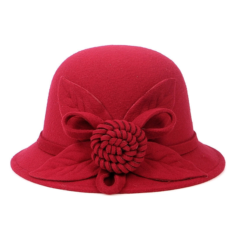 Autumn And Winter Woolen Top Hat Women's Dome Top Hat Solid Color Woolen Hat  Fashion Flower Lady Temperament Basin Hat