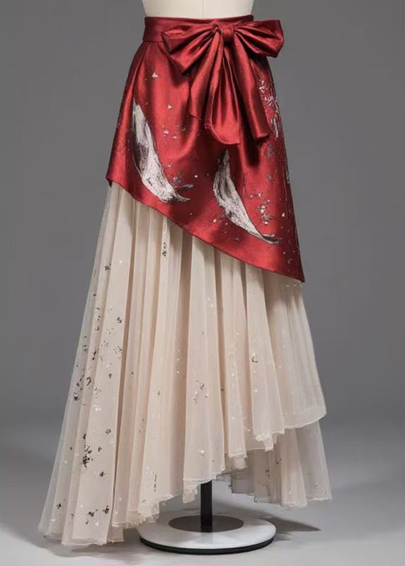 Unique Red Lace Up High Waist Patchwork Chiffon Skirt Summer