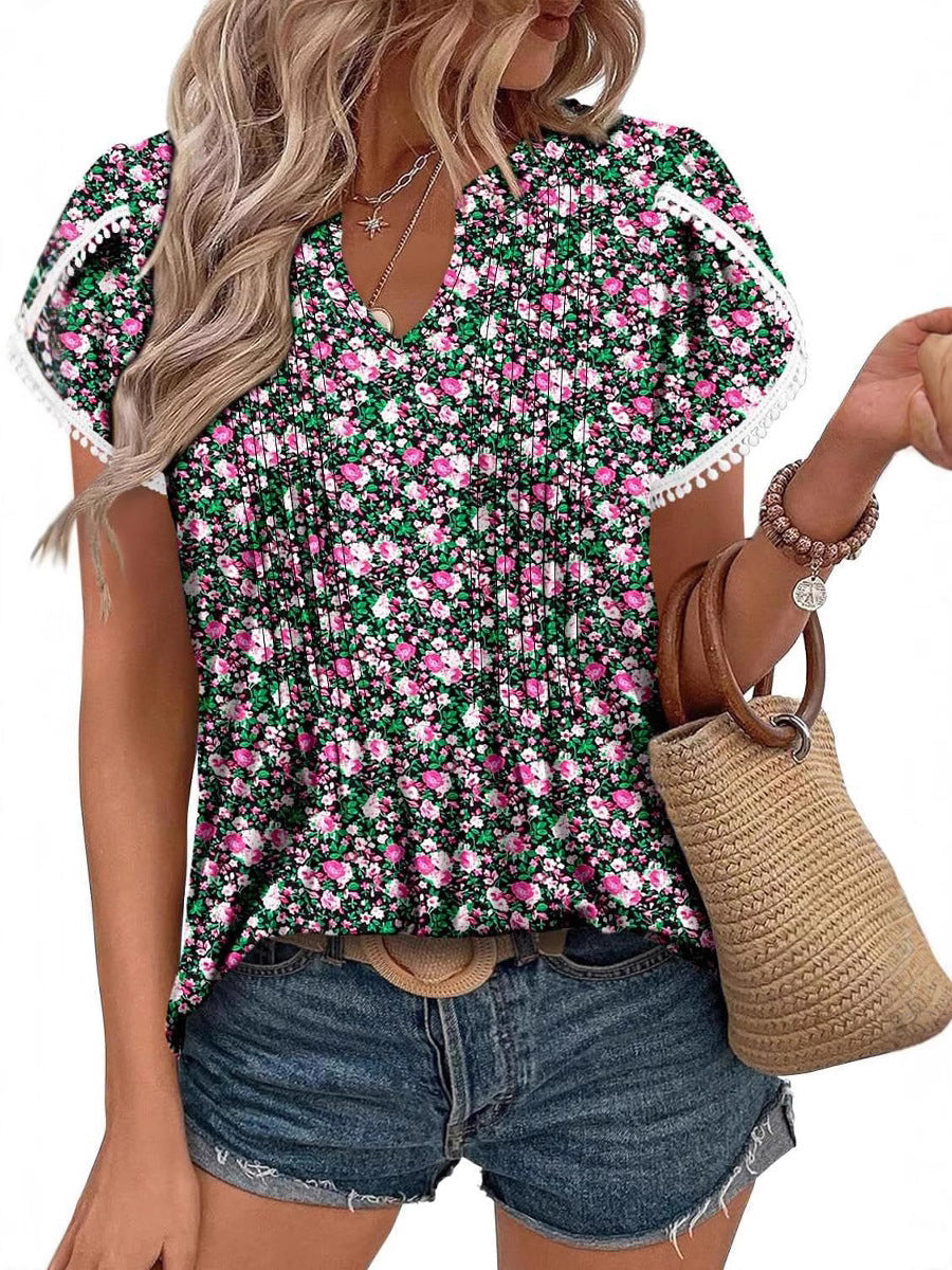 🌷Women's Cute Fringe Cuff Short-Sleeve Printed Tops