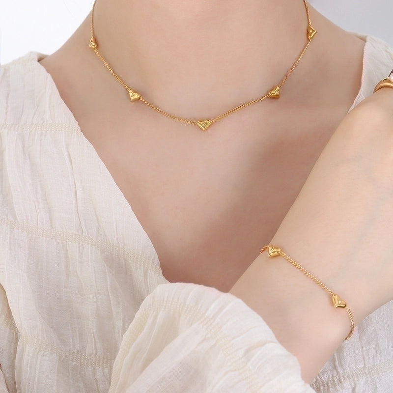 Elegant Minimalist Heart Shape Titanium Steel Zircon 18K Gold Plated Inlay Bracelets Earrings Necklace