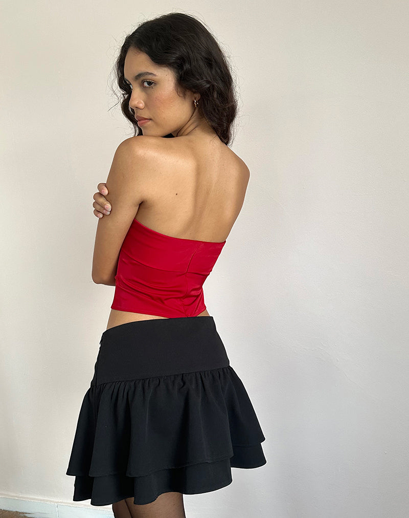 Astrum Satin Bandeau Top in Red with Black Rose