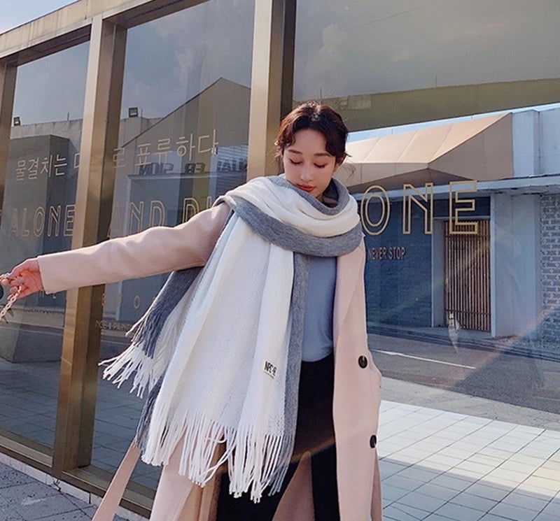 New Contrast Color Fashion Imitation Cashmere Scarf Women's Long Warm Student Scarf Tassel Couple's Shawl