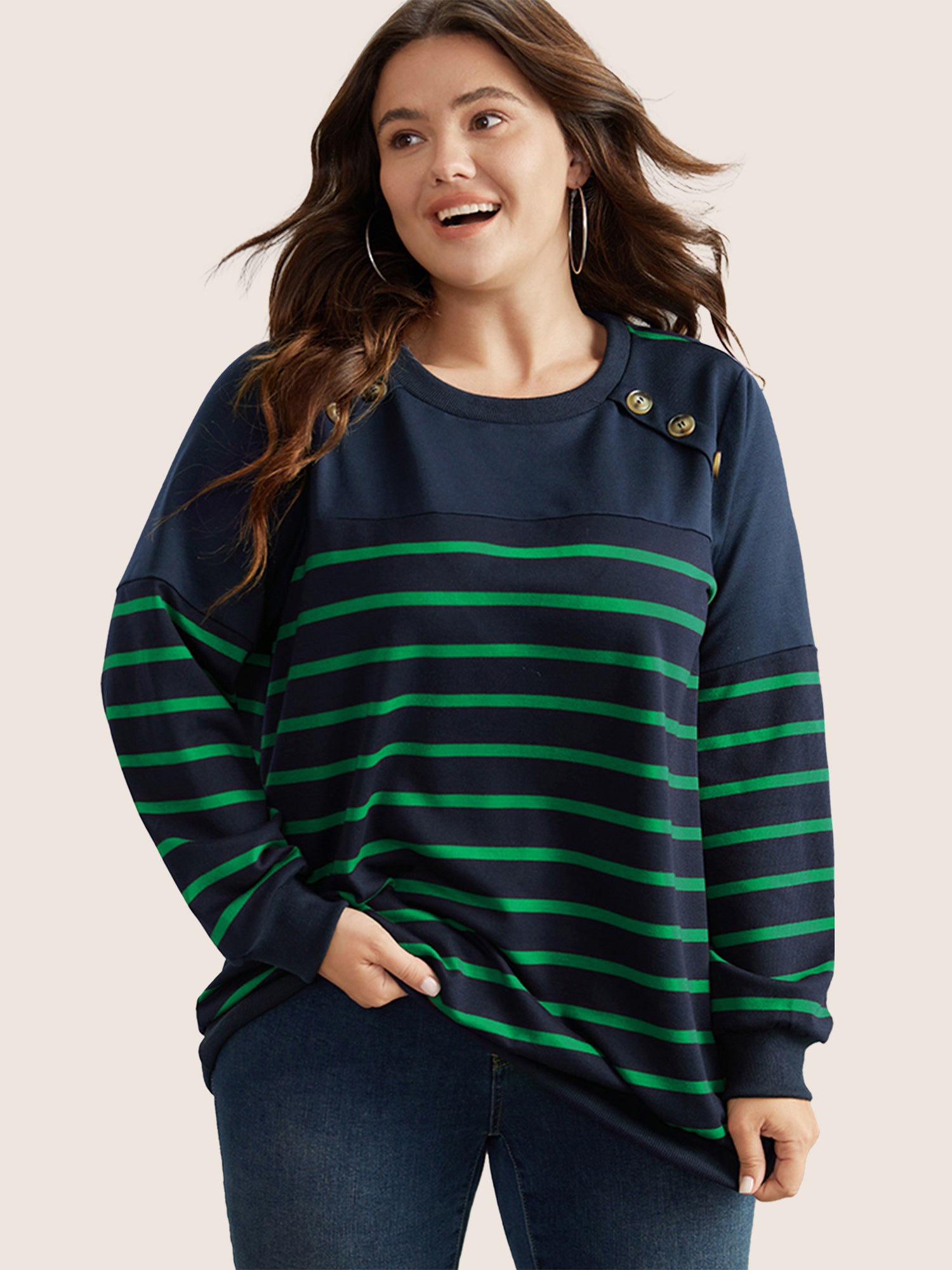 Striped Patchwork Button Detail Sweatshirt