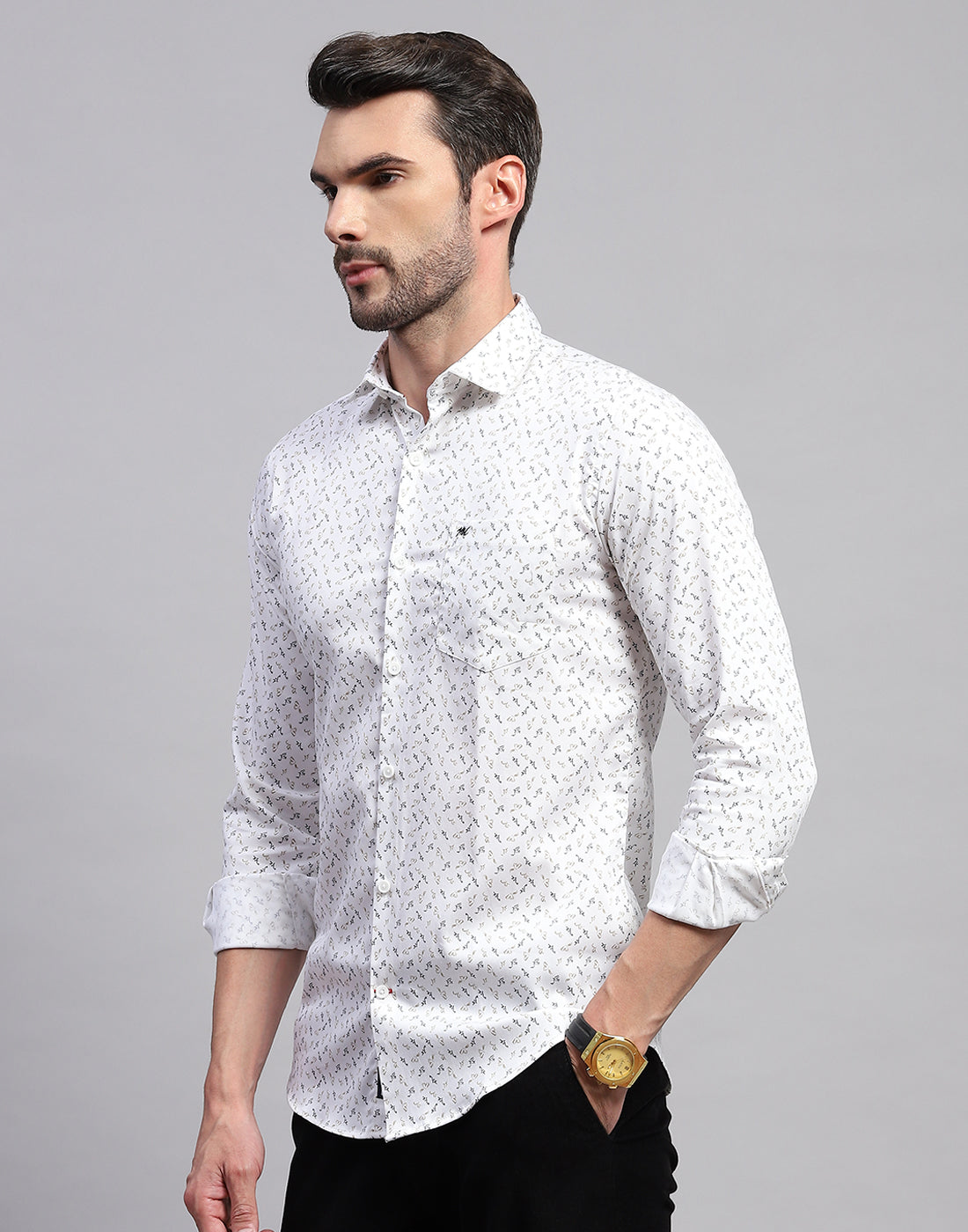 Men White Printed Collar Neck Full Sleeve Shirt