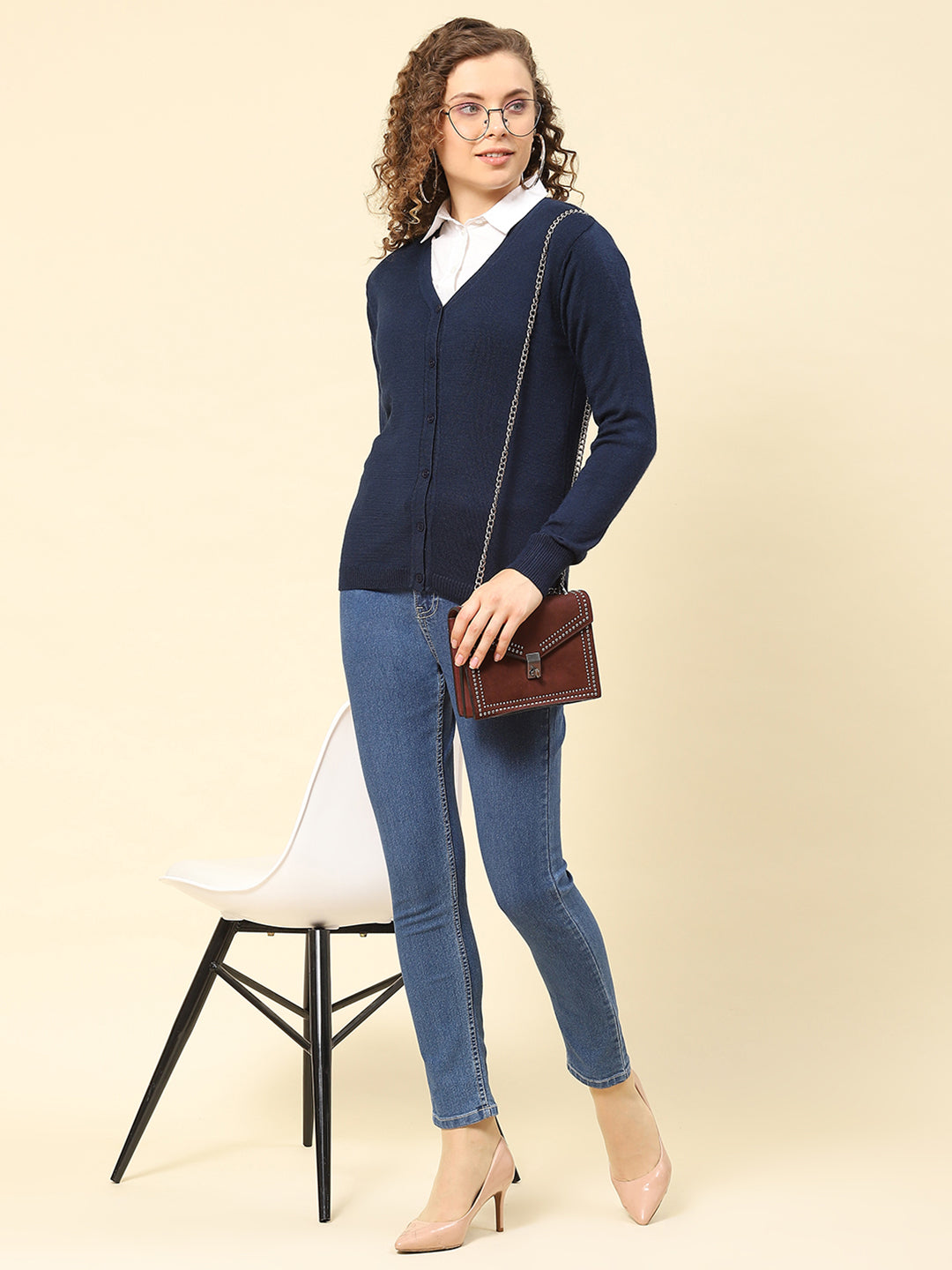 Women Navy Blue Solid V Neck Full Sleeve Cardigans