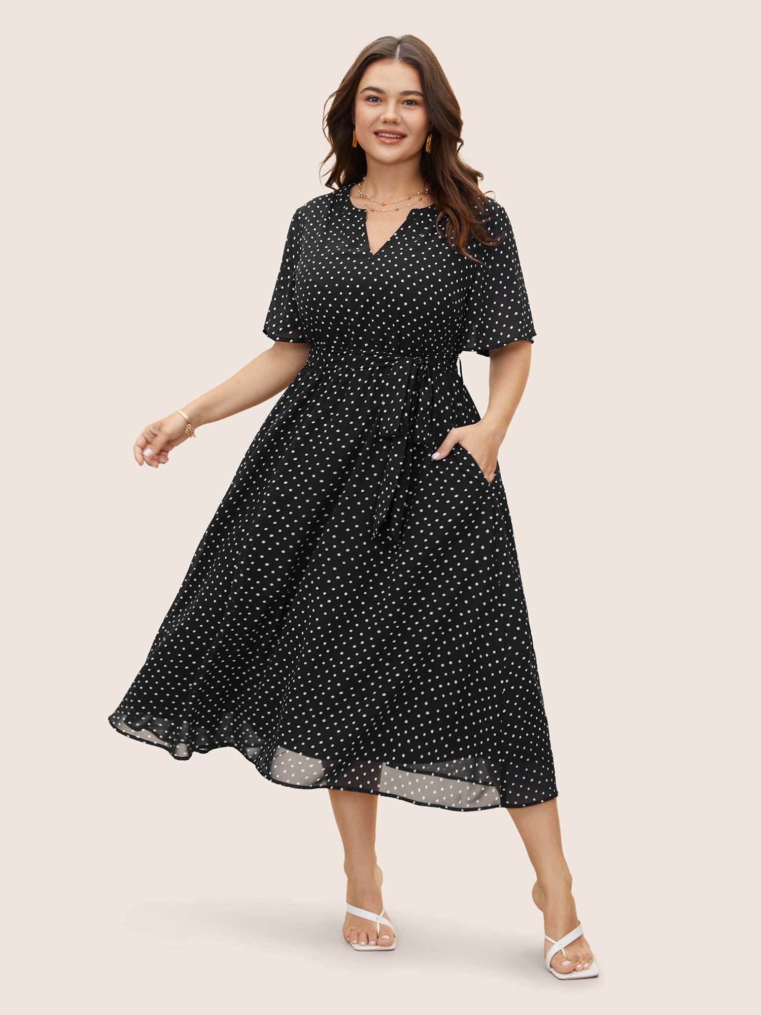 Chiffon Polka Dot Ruffle Sleeve Dress