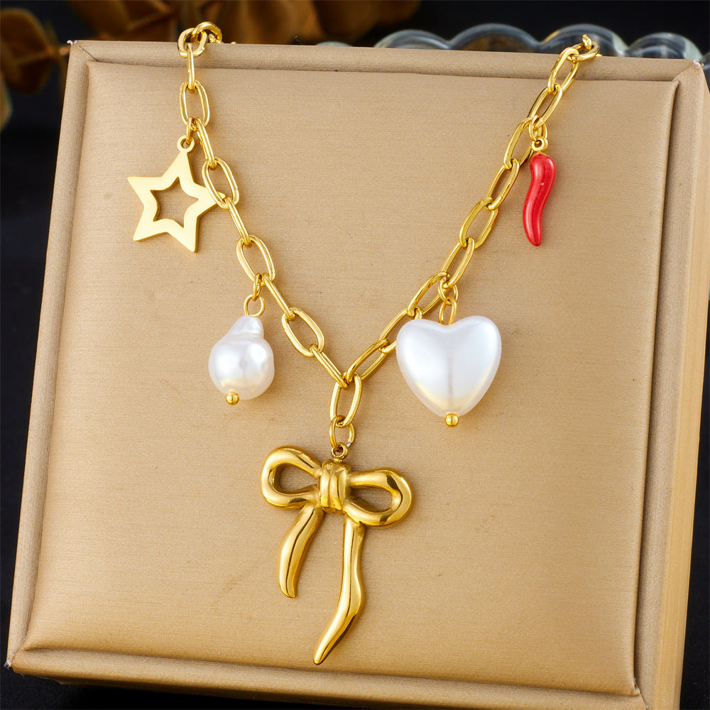 Fashion Retro Multi-Element Love Bowknot Shell Cherry Cross Eye Chain Necklace