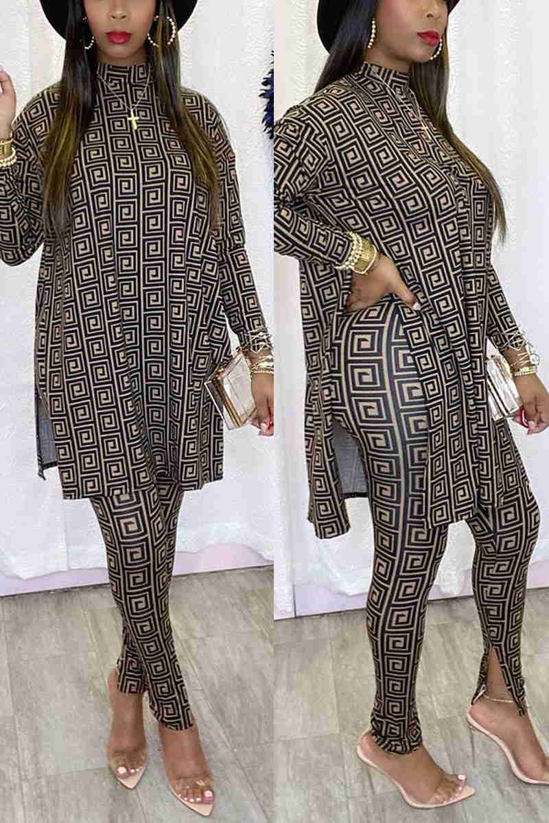 Sweet Print Patchwork Turtleneck Long Sleeve Two Pieces
