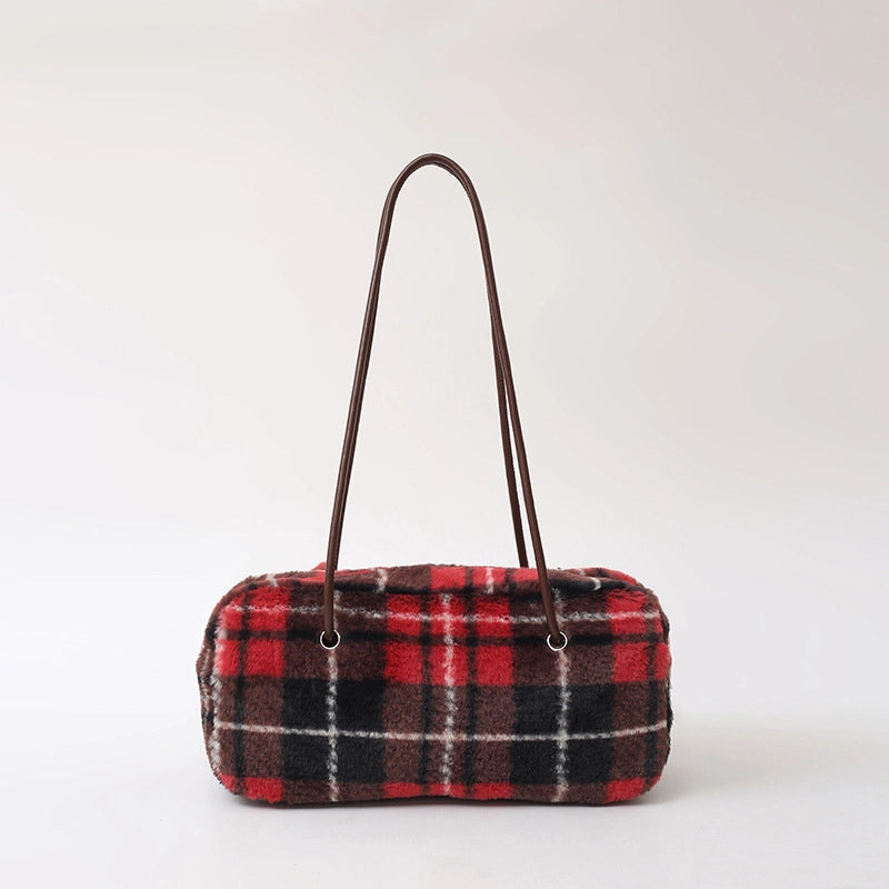 Women's Fur Lattice Plaid Streetwear Pillow Shape Zipper Underarm Bag