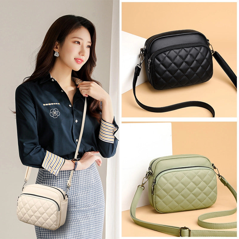 Women's Small Pu Leather Solid Color Lingge Basic Square Zipper Shoulder Bag Crossbody Bag