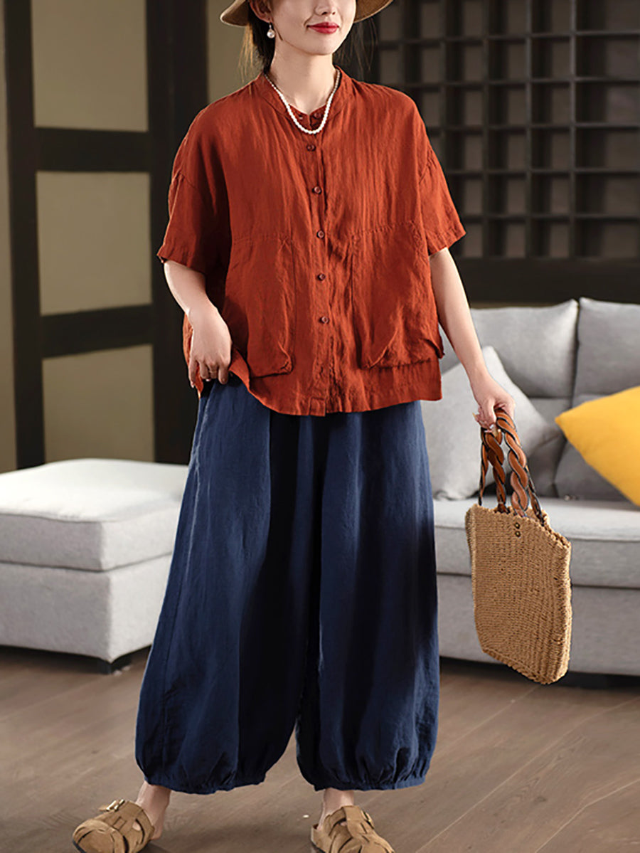 Women Summer Pure Color Stand Collar 100%Linen Shirt