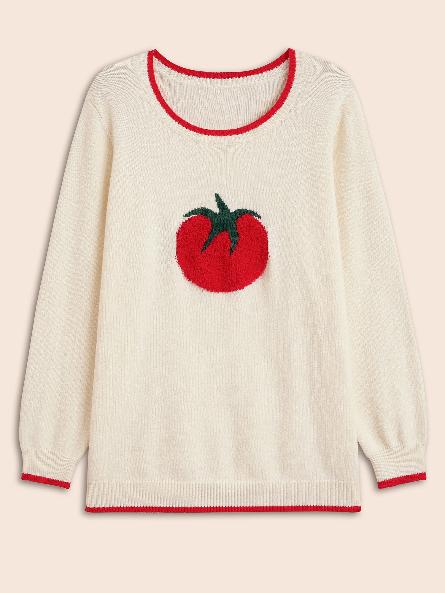 Tomato Pattern Embroidered Contrast Trim Pullover