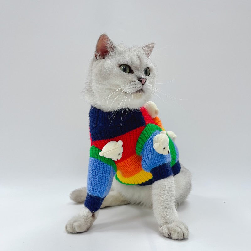 Bear Decor Multi-color Striped Dog Cat Sweater