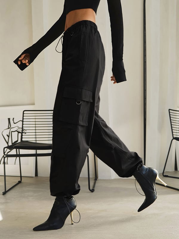 High Waisted Loose Drawstring Elasticity Pockets Split-Joint Pants Trousers