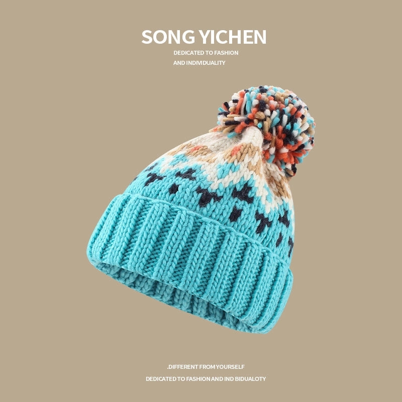 Warm Blue Knitted Hat Female Fashion Brand Colorful Fur Ball Christmas Hat Autumn And Winter Ear Protection Wool Hat