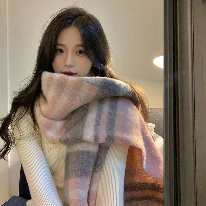 Autumn And Winter Thickened Scarf Women's  Rainbow Plaid Tassel Mohair Shawl Student Versatile Warm Scarf Fashion