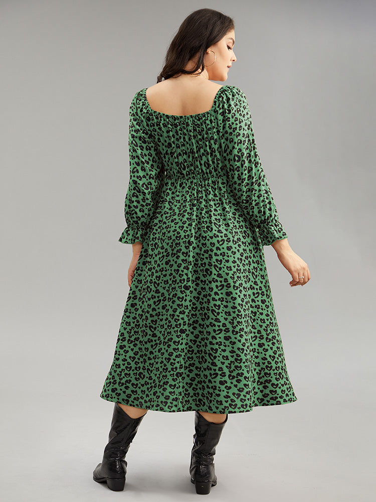 Leopard Print Shirred Square Neck Pocket Dress