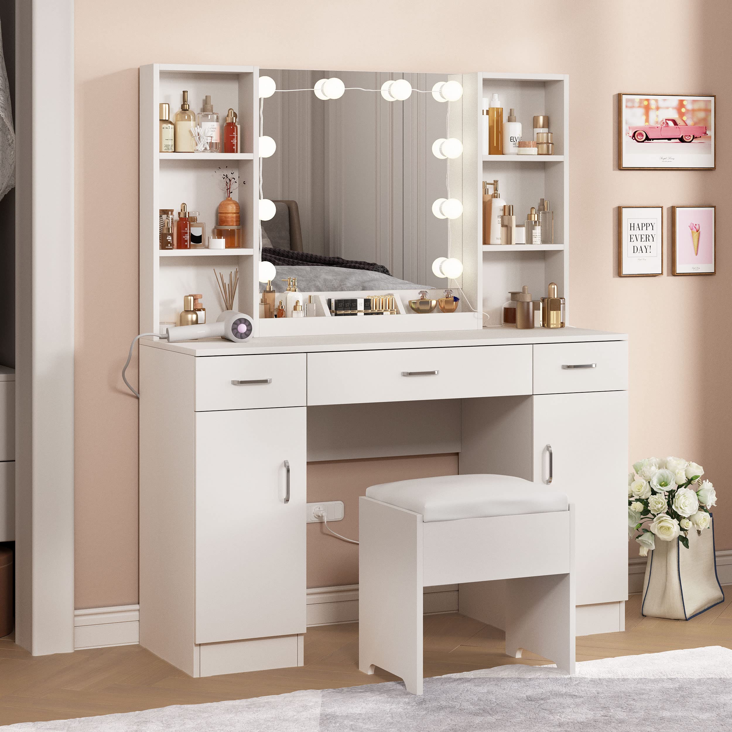 Large 45.2inch Makeup Vanity Table with Lighted Mirror