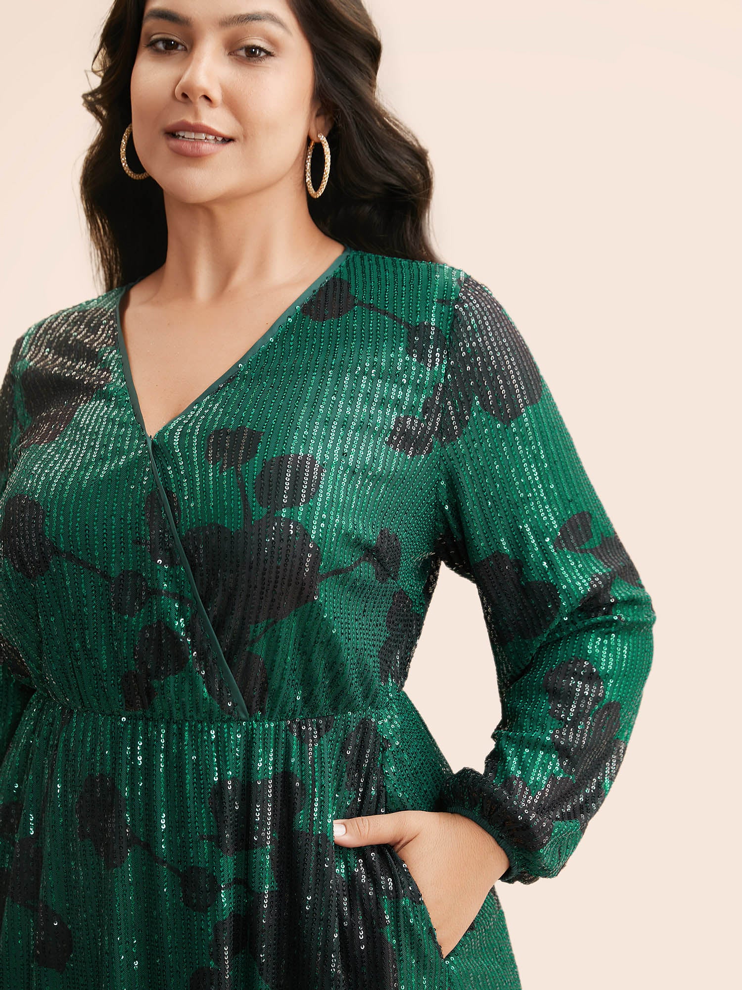 Sequin Floral Lantern Sleeve Midi Dress