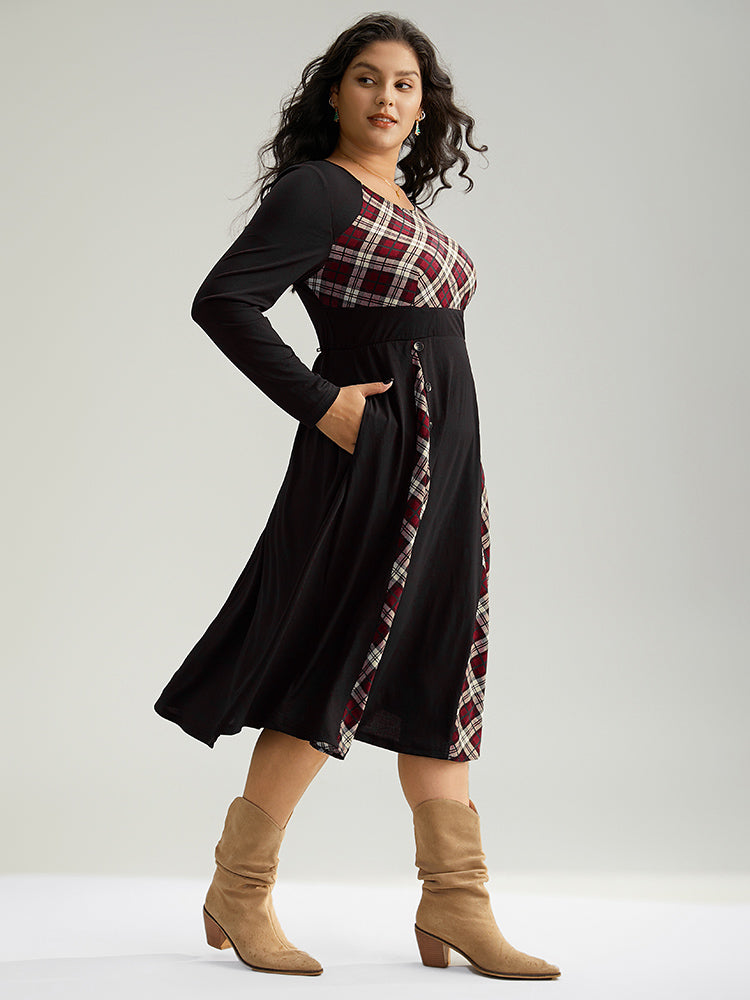 Christmas Plaid Patchwork Button Detail Dress
