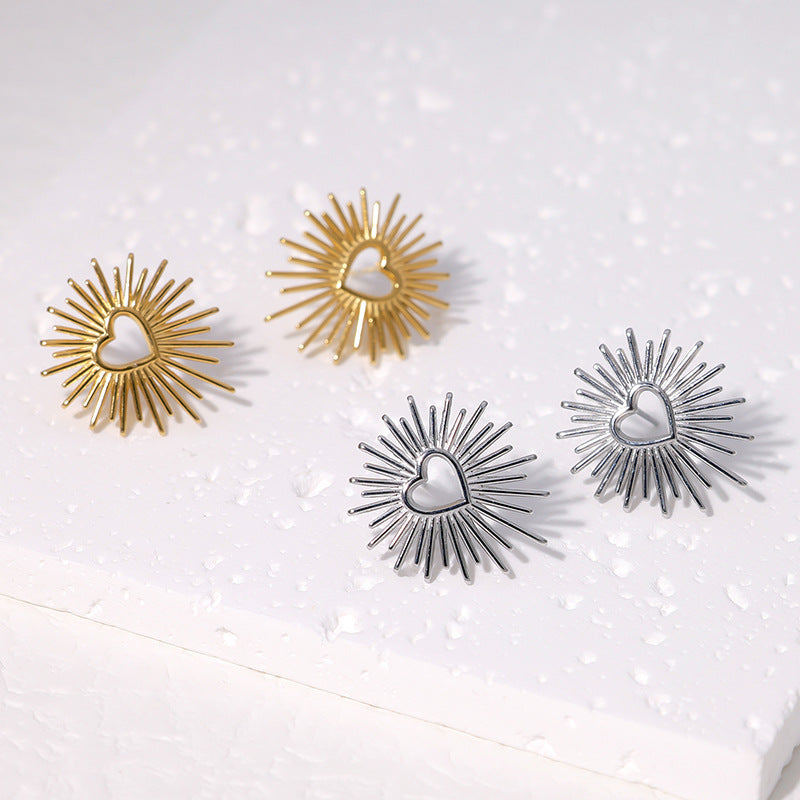 Minimalist Checkered Heart Pleated Geometric Flower Stainless Steel Electroplating Stud Earrings