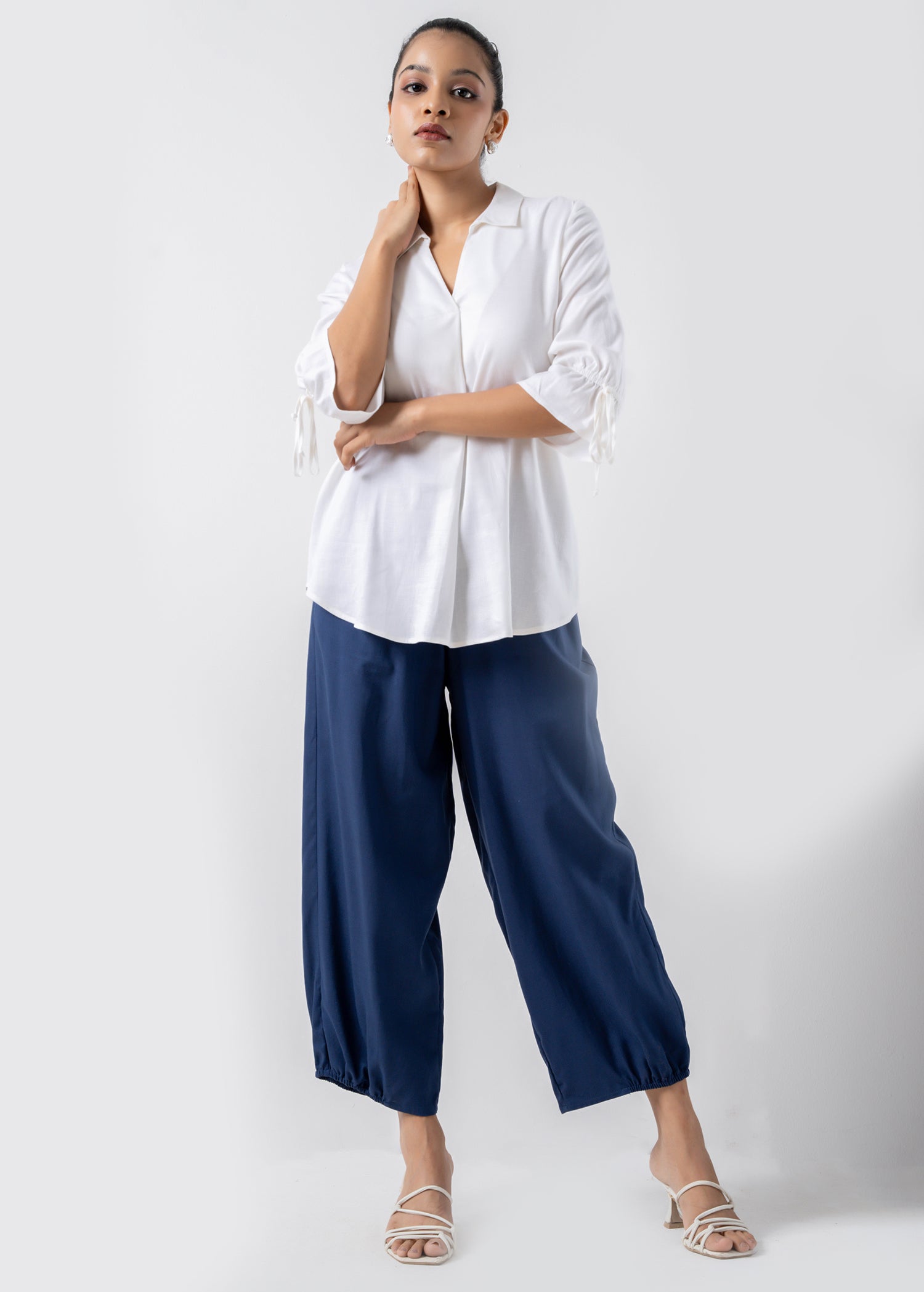 Front Pleated Blouse With Collar And Drawstrings