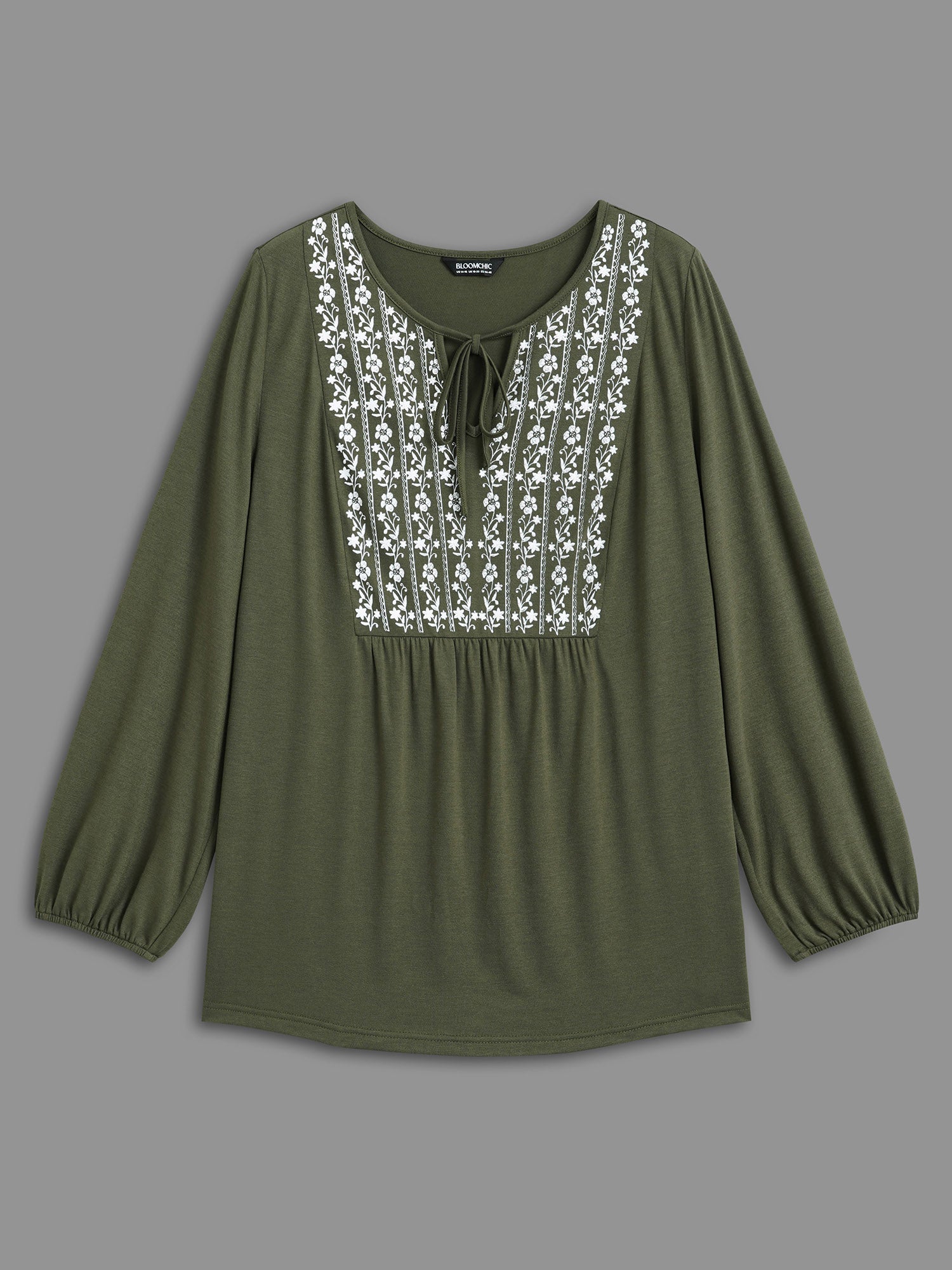 Floral Embroidered Tie Knot Gathered Jersey Top