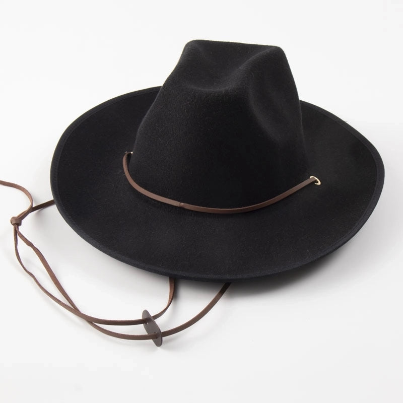 Shaping Curved Brim Along Rectangular Top Western Denim Jazz Top Hat Windproof Leather Rope Retro Tibetan Felt Hat