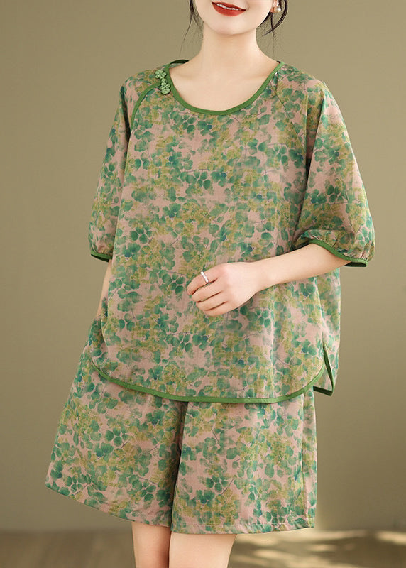 Casual Green Side Open T Shirt And Shorts Two Pieces Set Short Sleeve