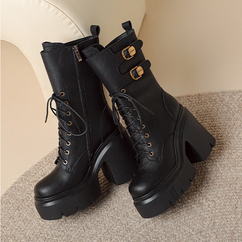 Women Biker Boots Lace-Up Combat Boots Retro Short Boots Handmade Genuine Leather Platform Boots