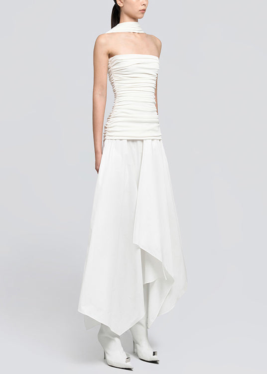 White Wrinkled Cotton Long Dresses Asymmetrical Summer