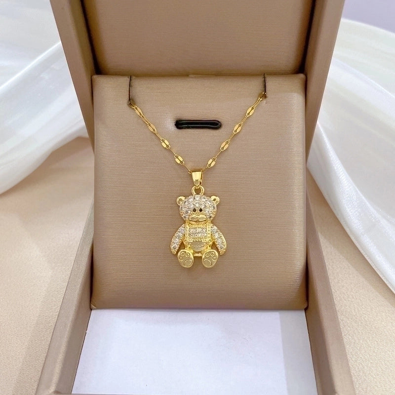 Minimalist Bear Titanium Steel Copper Plating Inlay Zircon Pendant Necklace