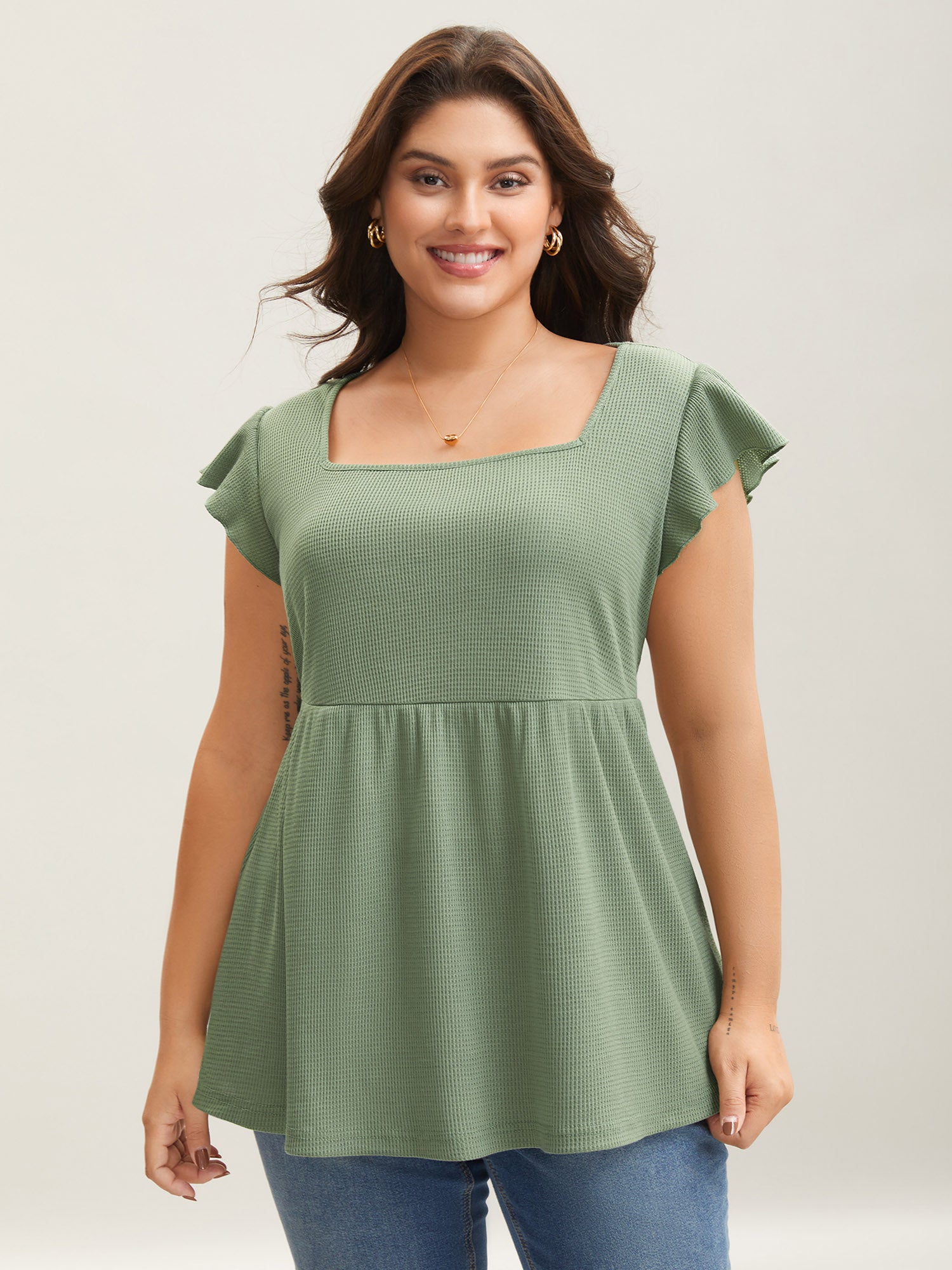 Waffle Flutter Sleeve Stretchy Plain Top