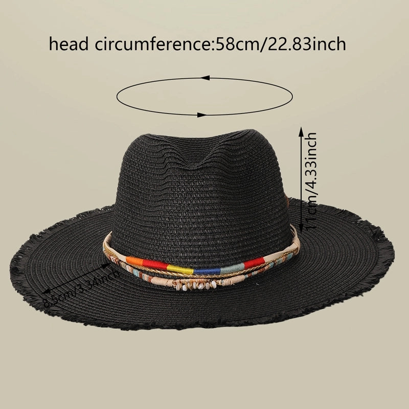 Women's Casual Vacation Beach Solid Color Beaded Big Eaves Straw Hat