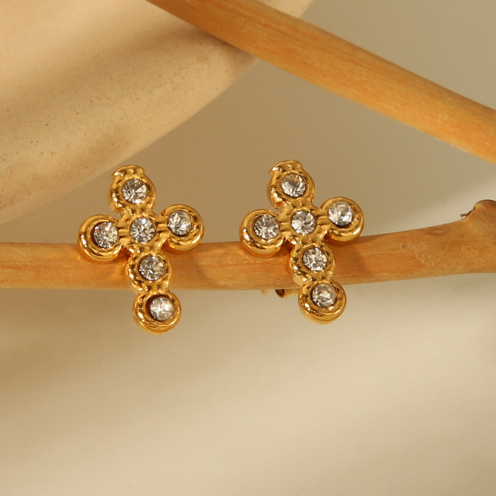 IG Style Cross Geometric Stainless Steel Pearl Inlay Earrings