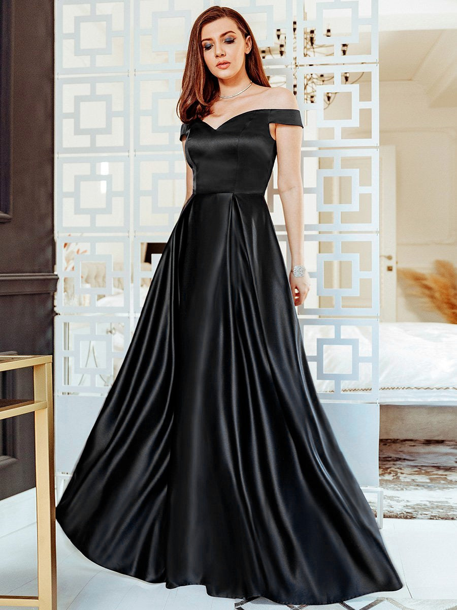 Parien Off Shoulder Boxy Pleated Silk Prom Dress( Clearance sale