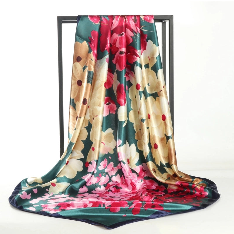 Women's Elegant Formal Peacock Flower Satin Silk Scarf