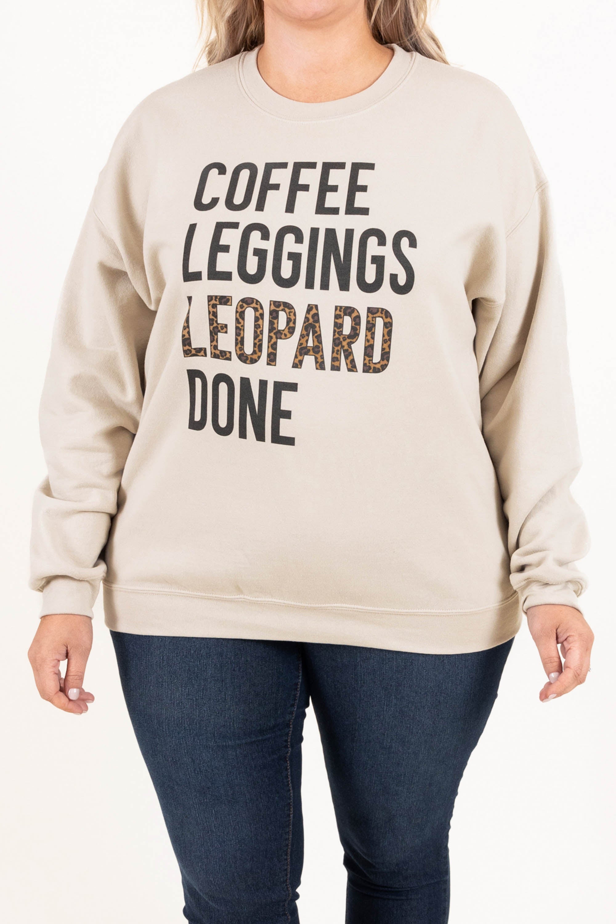 Coffee. Leggings. and Leopard Sweatshirt. Sand